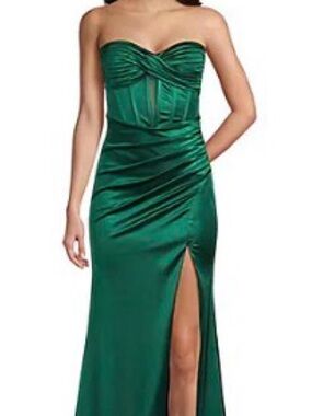 Emerald Strapless Satin Gown with Side Slit